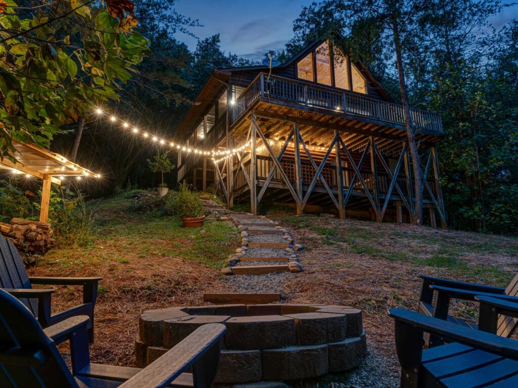 Home in mountains at twilight